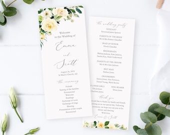 Editable Yellow Floral Wedding Program, Printable Greenery White Floral Program, Roses Program Template, Instant Download, Templett 558-A