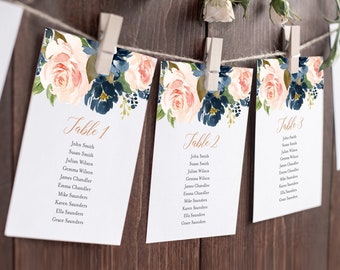 Editable Rose Gold Navy Blush Floral Seating Chart Template, Pink Hanging Table Cards, Boho Floral Table Seating Plan Instant Download 542-A