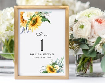 Printable Yellow Floral Table Numbers, Sunflower Editable Table Numbers, Eucalyptus Rose Table Number Template, Sunflower Table Card 565-A