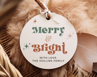 Merry & Bright Holiday Favor Tags, Boho Round Christmas Gift Tags, Retro Holiday Tag Editable Christmas Label, Printable Tag Template, 215-A