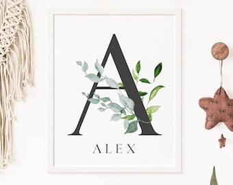 Botanical Monogram Nursery Print Monogram Printable Wall Art Green Leaf Print Grey Initial Decor Baby Boy Gift Name Art Download 615-A