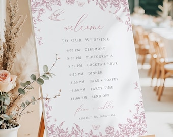 Printable Wedding Timeline Board Template, Dusty Pink Toile Order of Events Sign Chinoiserie Order of Day Poster, Vintage, Editable 523-B