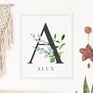 Monogram Printable Wall Art Botanical Monogram Nursery Print Green Leaf Print Grey Initial Decor Baby Boy Gift Name Art Download 615-A