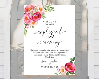 Fuchsia Unplugged Wedding Sign, Printable Unplugged Poster, Unplugged Ceremony Sign, Coral Peonies Ceremony Sign, Editable Template, 571-A