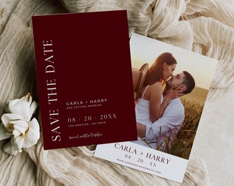 Editable Jewel Tone Photo Save the Date, Printable Modern Jewel Toned Save the Date DIY Template, Burgundy Minimalist Instant Download 587-A