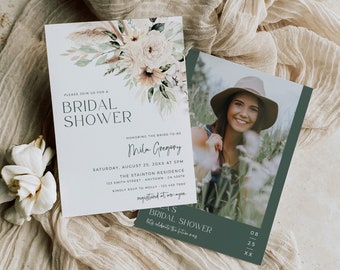 Boho Bridal Shower Invitation, Pampas Grass Bridal Shower Invite, Printable Photo Invite, Bohemian Invitation, Sage Editable Template, 591-A