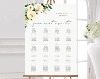 Editable Yellow Floral Seating Chart, Greenery White Printable Table Plan, 18 x 24 24 x 36, A1 A2, Seating Template, Instant Download, 558-A