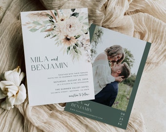 Sage Green Photo Invite, Bohemian Wedding Invitation, Pampas Grass Wedding Invite, Boho Invite, Dried Flowers Invite Editable Template 591-A