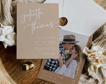 Neutral Wedding Invitation Template, Taupe Wedding Invitation, Boho Wedding Invite, Tan Modern Photo Invite, Desert Wedding, Editable, 594-C