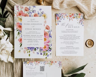 Floral Wedding Invitation Set QR Code RSVP Wedding Invitation Suite with Photo, Wedding Invite with Flowers, Editable Invite Template, 514-A