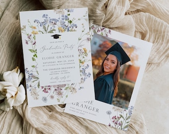 Wildflower Grad Announcement, Wildflower Graduation Party Invitation, Boho Photo Graduation Invitation Floral Editable Invite Template 504-A