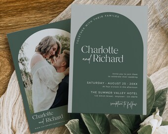 Sage Arched Wedding Invitation Photo, Arch Invite, Boho Wedding Invite, Earth Tone Wedding Invite Modern, Editable Invitation Template 598-A