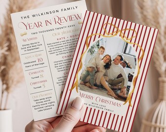 Stripes Family Newsletter Template, Vintage Year in Review Christmas Card with Photos, Editable, 226-A