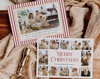 Editable Vintage Christmas Card Template with Photo Collage, Striped Holiday Card, Printable Bow, 226-A