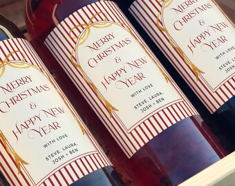 Vintage Holiday Drink Gift Label, Red Striped Christmas Wine Bottle Label Template, Editable, 226-A