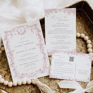 Set di inviti per matrimonio Chinoiserie Codice QR RSVP, modello di suite di inviti per matrimonio Toile de Jouy rosa antico, vittoriano vintage, modificabile 523-B