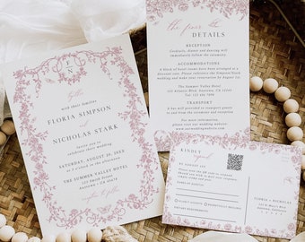 Dusty Pink Toile de Jouy Wedding Invite Suite Template, Chinoiserie Wedding Invitation Set QR Code RSVP, Victorian Vintage, Editable 523-B