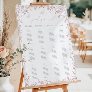 Plano de asientos para boda en toile rosa empolvado, póster con plano de mesa estilo chinoiserie, tablero con plano de asientos floral francés, plantilla victoriana editable, 523-B