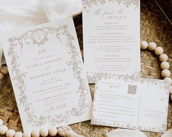 Chinoiserie Wedding Invite Template, Beige Toile Wedding Invitation Set QR Code RSVP, Editable 523-F