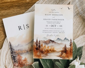 Fall Wedding Invitation, Mountains Invite, Woodland Wedding Invitation Template, Printable Forest Invitation, Rustic Autumn, Editable, 599-A
