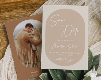 Editable Oval Tan Photo Save the Date, Printable Modern Double Arch Save our Date DIY Template, Beige Photo Card, Instant Download 592-A