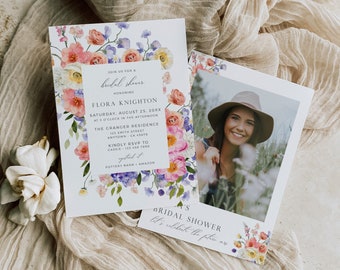 Floral Bridal Shower Invitation with a Photo, Boho Bridal Shower Invite with Flowers, Printable Invite Summer Garden Editable Template 514-A