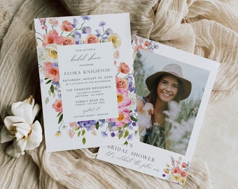 Faire-part de douche nuptiale floral avec une photo, invitation de douche nuptiale bohème avec des fleurs, modèle modifiable d'invitation de jardin d'été 514-A