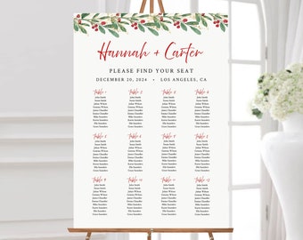 Editable Winter Red Berry Gold Green Seating Chart, Printable Christmas Table Plan, 18 x 24 24 x 36, A1 A2, Template, Instant Download 585-A