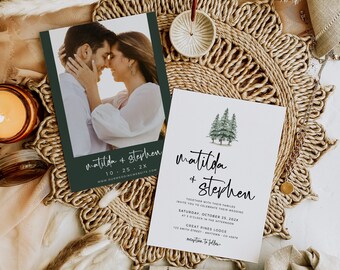 Printable Pine Forest Photo Wedding Invite, Editable Minimal Evergreen Wedding Invitation, Modern Rustic Template, Instant Download 588-A