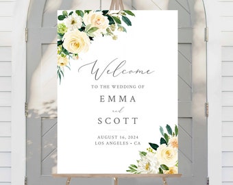 Yellow Floral Editable Wedding Welcome Sign, White Green Floral Custom Sign Template 16 x 20 18 x 24 24 x 36 3 Sizes Instant Download 558-A