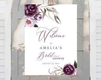 Editable Plum Lavender Floral Bridal Shower Welcome Sign, Purple Lilac Shower Sign, 16 x 20 18 x 24 24 x 36 Template, Instant Download 527-A