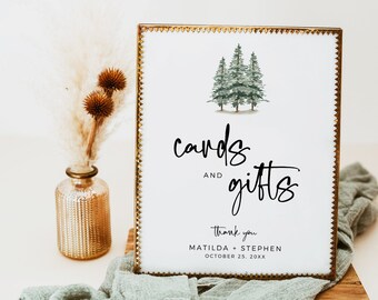 Editable Rustic Woodland Cards Gifts Sign, Printable Minimal Gift Table Sign, Pine Wedding Shower Sign, Template, Instant Download, 588-A