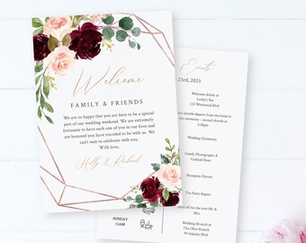 Rose Gold Geometric Burgundy Pink Editable Welcome Bag Letter Itinerary, Order of Events Template, Timeline Printable Instant Download 575-A