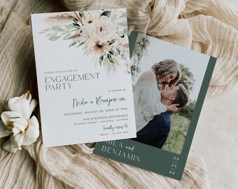 Editable Sage Green Boho Engagement Party Photo Invitation, Pampas Grass Engagement Invite DIY Template, Bohemian Instant Download, 591-A