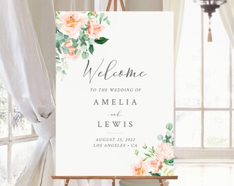 Editable Peach Rose Wedding Welcome Sign, Bridal Shower Sign, Unlimited Custom Signs 16 x 20 18 x 24 24 x 36 Template Instant Download 551-A