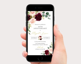 Burgundy Blush Gold Floral Digital Anniversary Editable Invitation, 25th 30th 40th 50th Template, Text Message Social Media, Download 574-A