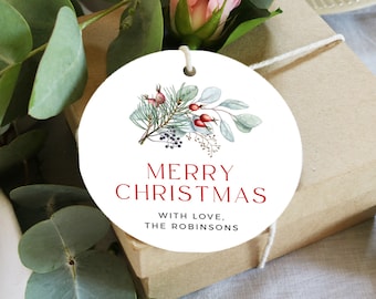 Printable Round Christmas Gift Tag, Editable Winter Foliage Holiday Labels, Gift Wrap, Eucalyptus Pine DIY Template Instant Download 209-A
