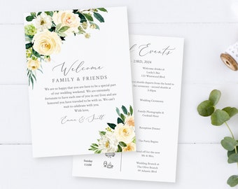 Yellow Floral Editable Welcome Bag Letter Itinerary, Greenery Wedding Timeline, Printable Order of Events Template, Instant Download, 558-A