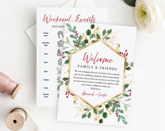 Editable Winter Red Gold Welcome Bag Letter Itinerary, Printable Christmas Wedding Timeline, Order of Events Template Instant Download 585-A