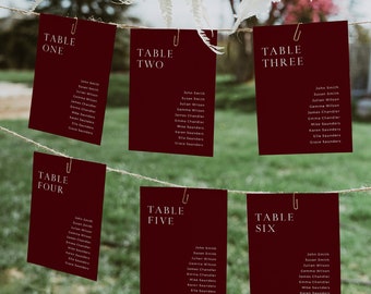 Editable Jewel Tone Modern Seating Chart Template, Burgundy Hanging Table Cards, Minimal Table Seating Plan, Fall Winter Inst Download 587-A