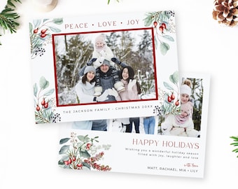 Christmas Photo Card Printable, Editable Modern Holiday Card Template, Winter Foliage Photo Holiday Card, Red Green, Instant Download 209-A