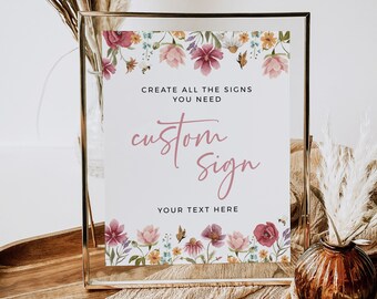 Printable Wedding Signage, Floral Reception Sign, Custom Wedding Sign Wildflower Table Top Sign with Flowers, Editable Sign Template, 595-A