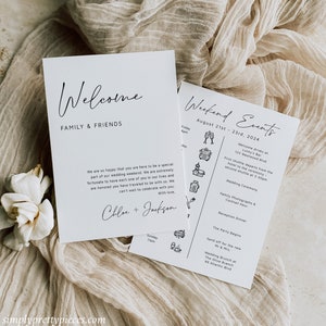 Itinerario de carta de bolsa de bienvenida editable minimalista, línea de tiempo de boda mínima, plantilla de orden de eventos imprimible moderna descarga instantánea 579-A