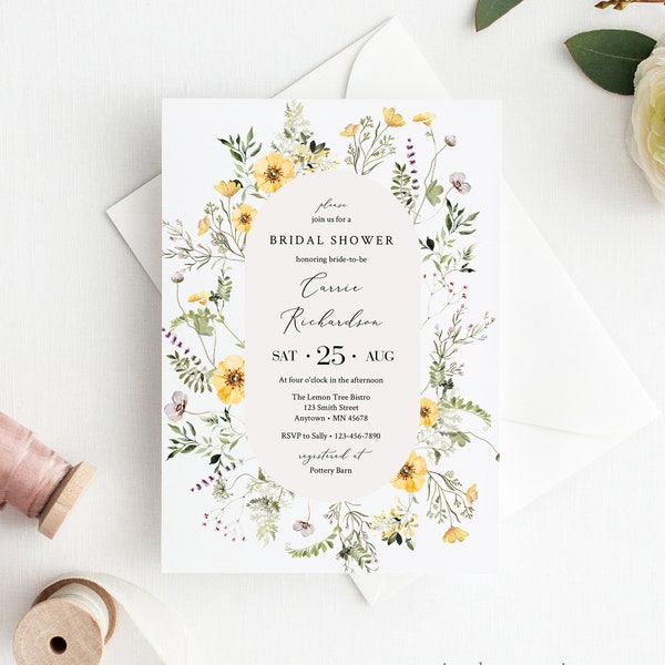 Wildflower Editable Bridal Shower Invitation, Wild Flower Greenery Floral Bridal Shower Invite DIY Template Printable Instant Download 581-A
