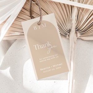 Taupe Arch bruiloft gunst tags, Boho gunst label, neutrale gunst Tags, Boho gebogen dank u tag, afdrukbare tag sjabloon, bewerkbaar, 598-A