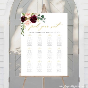Burgundy Blush Gold bewerkbare tafelplan, bloemen bruiloft afdrukbare zitplaatsen grafiek, 18 x 24 24 x 36, A1 A2, sjabloon, Instant Download, 574-A