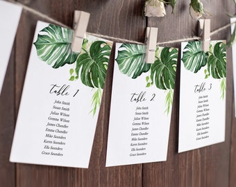 Editable Monstera Seating Chart Template, Tropical Greenery Hanging Table Cards, Foliage Botanical Table Seating Plan Instant Download 550-A