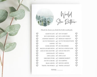 Editable Mountains Would She Rather Game, Printable Woodland Bridal Shower Game, Rustic Would Rather DIY Template, Instant Download, 531-A