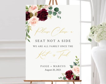 Editable Burgundy Blush Gold Floral Choose a Seat Sign, Merlot Pink Pick a Seat Wedding Sign, 3 Sizes, Template, Instant Download, 574-A