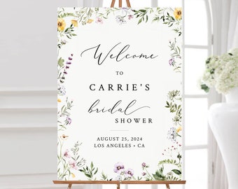 Editable Wildflower Bridal Shower Welcome Sign, Wild Flower Greenery Shower Sign, Pink Green 5 Sizes A1 A2, Template, Instant Download 581-A